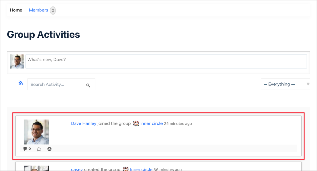 The 'Group Activities' tab on a BuddyPress group; there is a notification here that reads 'Dave Hanley join the group Inner circle 25 minutes ago'.