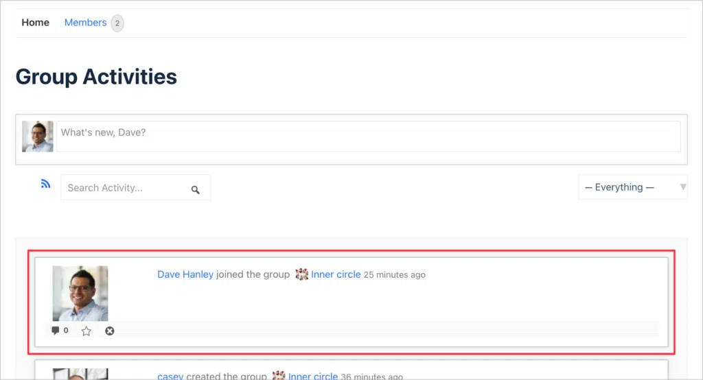 The 'Group Activities' tab on a BuddyPress group; there is a notification here that reads 'Dave Hanley join the group Inner circle 25 minutes ago'.