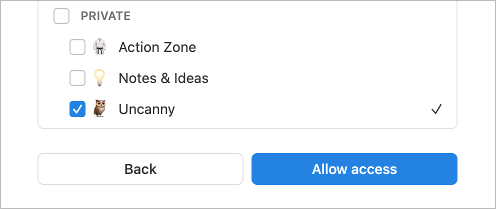 Checkboxes for selecting a page in Notion. The page selected is called 'Uncanny'. There are two buttons below—Back and Allow access