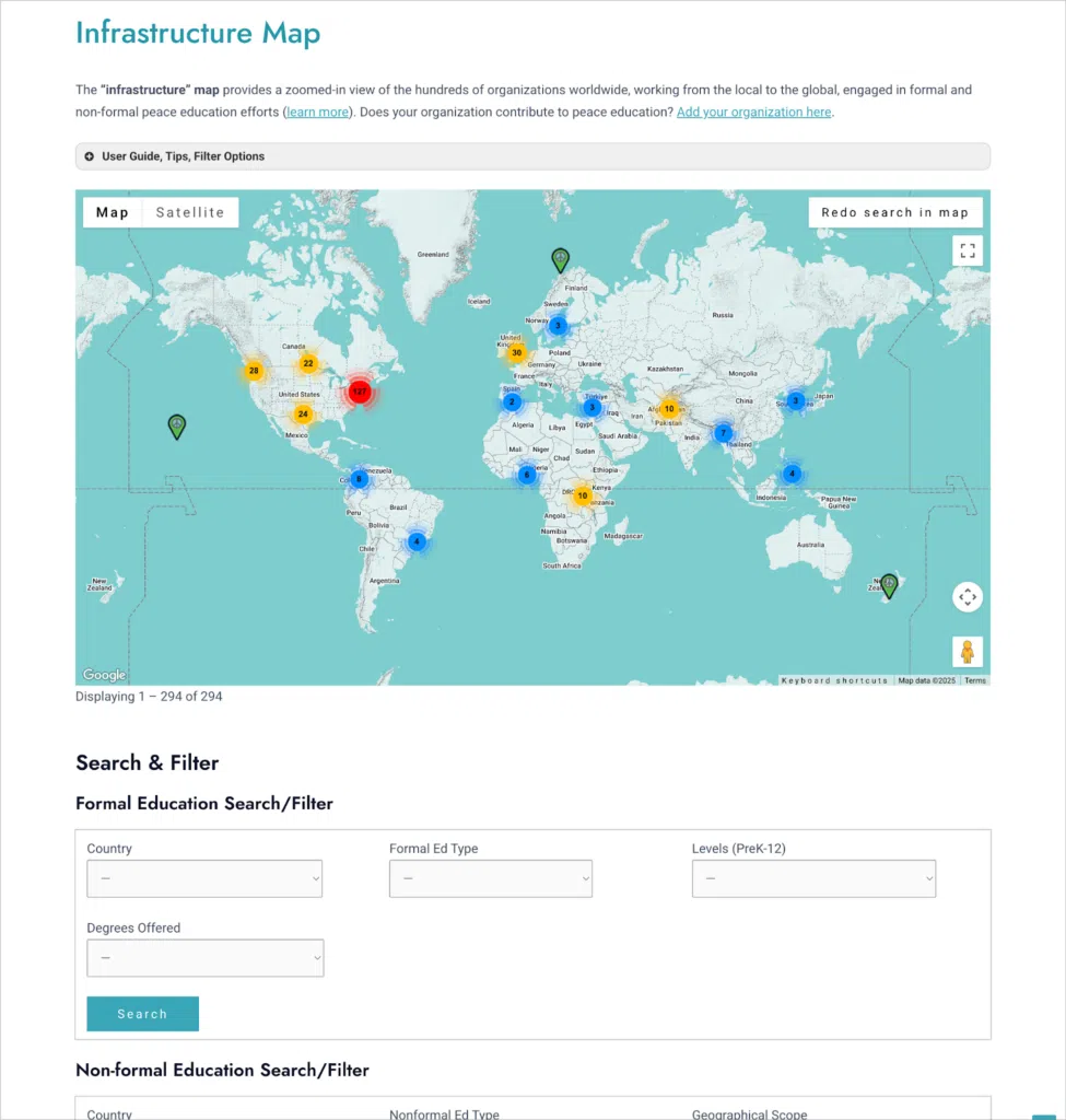 The GCPE's Mapping Peace Education infrastructure map