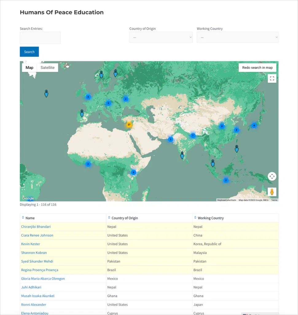 The GCPE's Humans of Peace Education map, powered by GravityView.