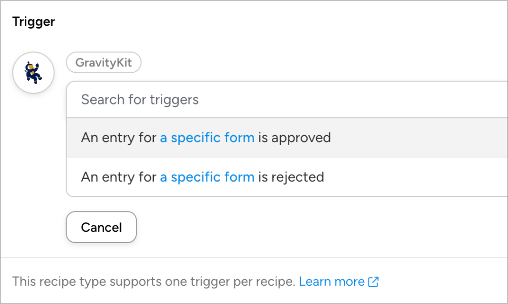Trigger selection dropdown for GravityKit; there are two options here—An entry for a specific form is approved, and an entry for a specific form is rejected