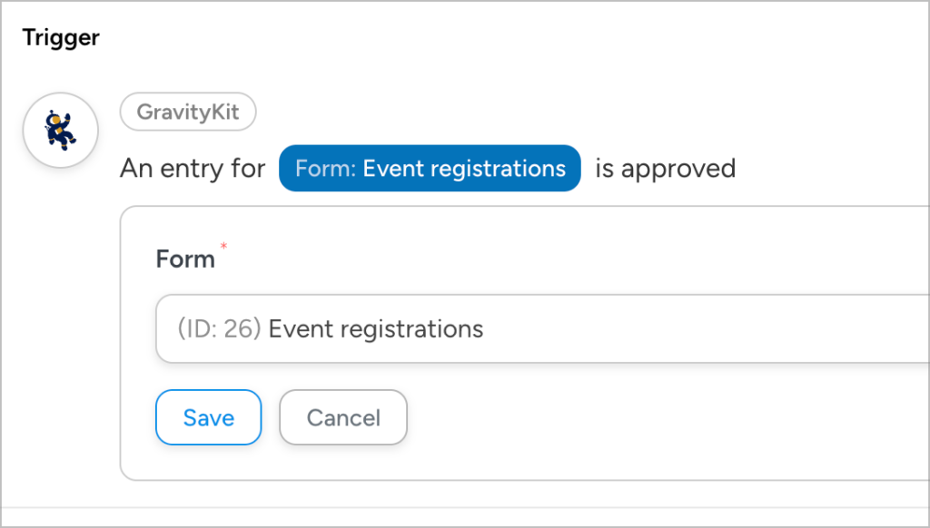 A dropdown field labeled 'Form'; the selected form is 'Event registrations'