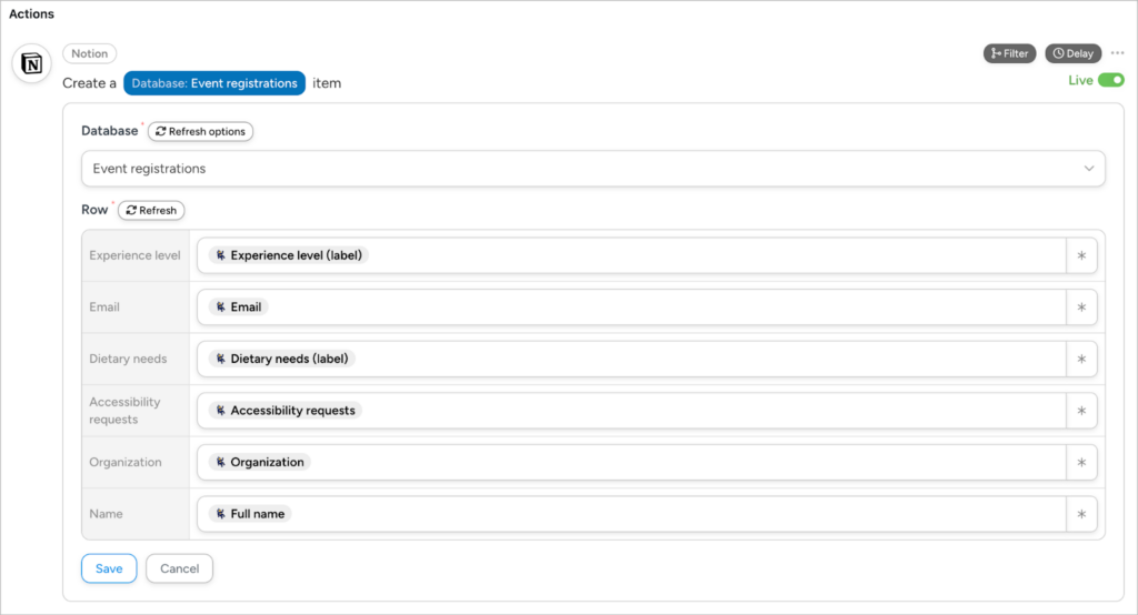 The action configuration screen in Uncanny Automator. The selected action is 'Create a database item'. Below that is a panel to map form fields to Notion database columns