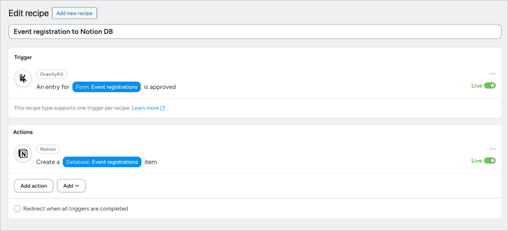 The Recipe creation screen showing an overview of the automation that has been configured