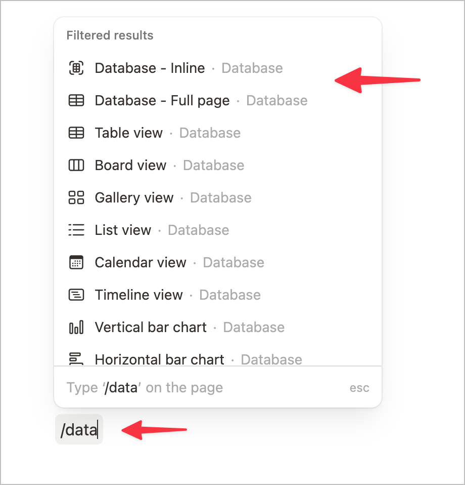 The Notion element picker with an arrow pointing to 'DataBase - Inline' and 'Database - Full page'.
