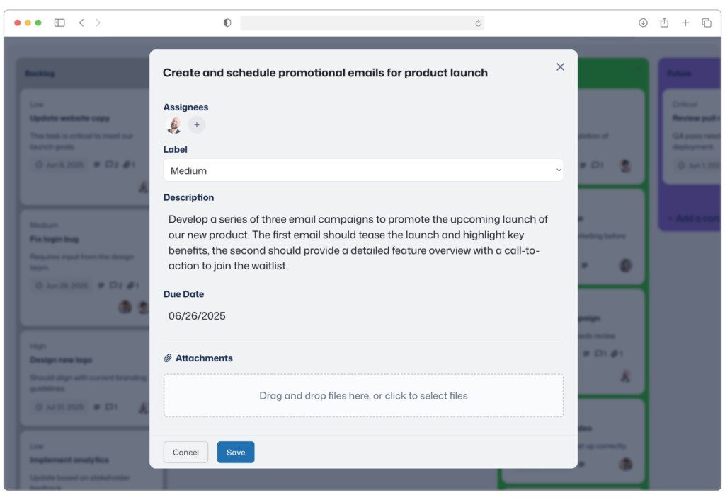 A modal for adding a new task in GravityBoard — fields are labeled 'Assignees', 'Label', 'Description', 'Due Date' and 'Attachments' respectively