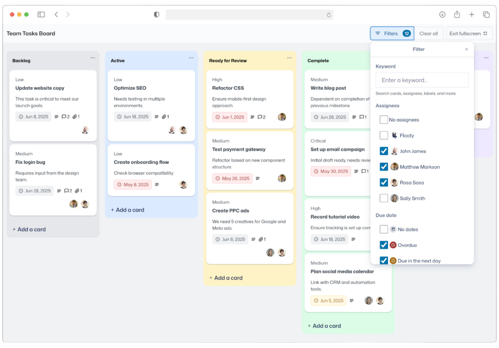 A GravityBoard—a kanban board with mutiple lanes and cards in each. The 'Filters' panel is open where users can filter cards by assignees and due date.