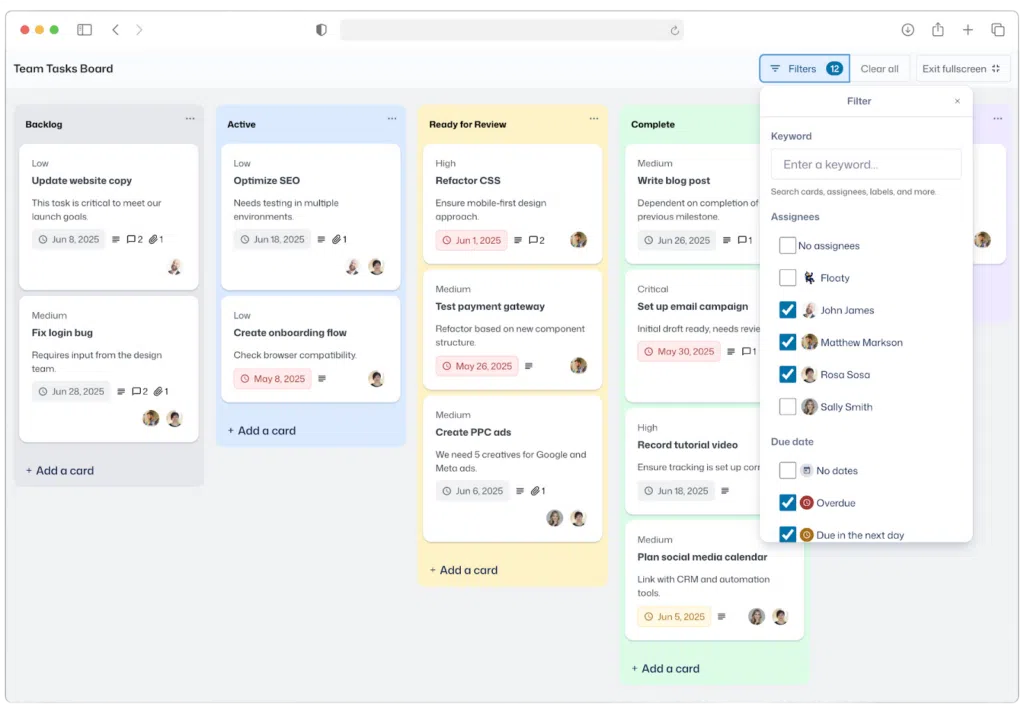 A GravityBoard—a kanban board with mutiple lanes and cards in each. The 'Filters' panel is open where users can filter cards by assignees and due date.