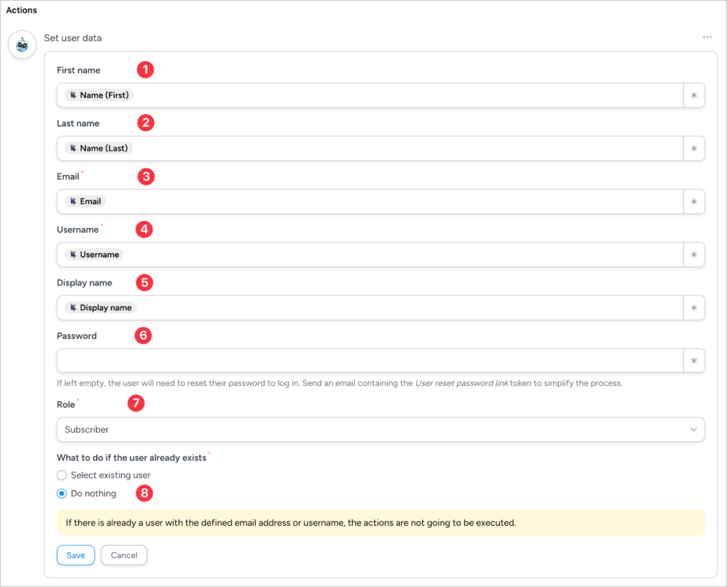 An overview of the 'set user data' fields