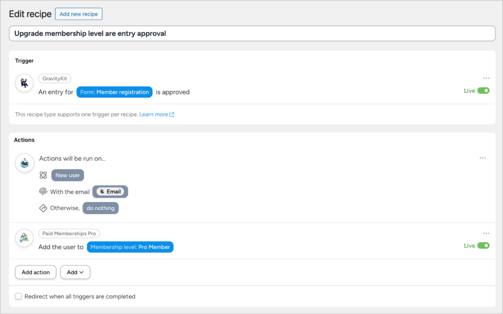 The Uncanny Automator 'Edit Recipe' page showing a fully configured recie