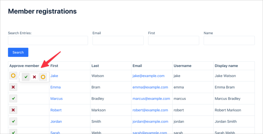 A table of member registrations with an arrow pointing to the 'approval' column