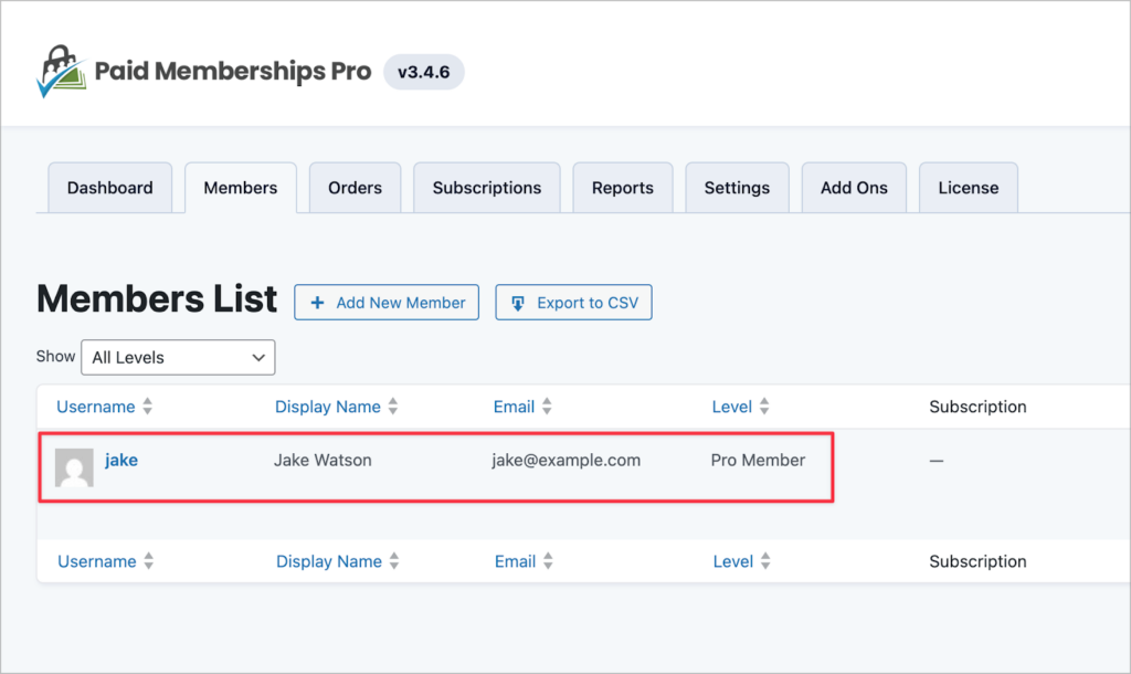 The 'Members' tab in the Paid Memberships Pro plugin settings. Here there is a single member listed: 'Jake'