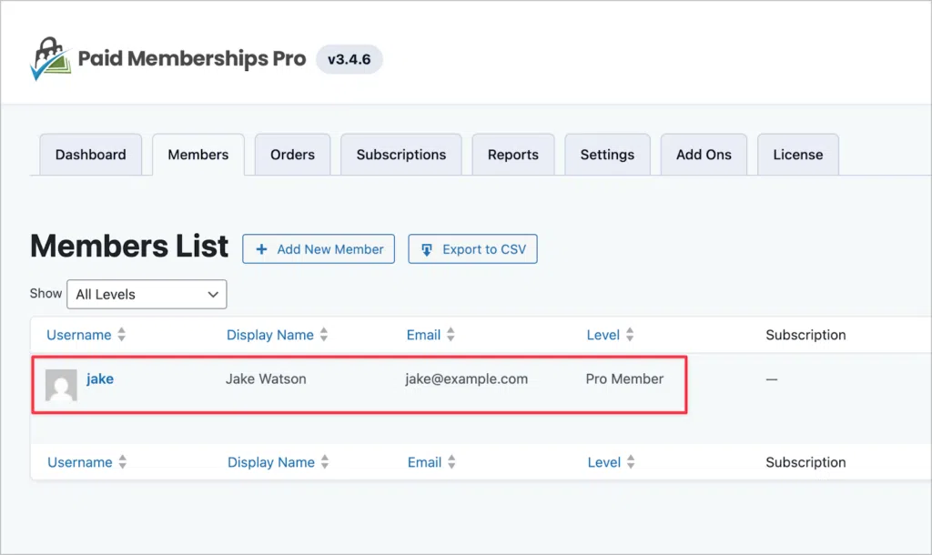 The 'Members' tab in the Paid Memberships Pro plugin settings. Here there is a single member listed: 'Jake'