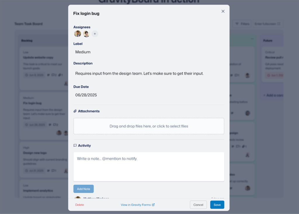 A modal showing information about a task—there are assignees, a label, a description, a due date, file attachments and a space to leave comments.