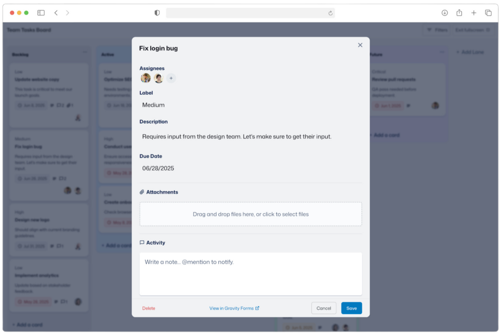 A modal for adding a new card to a GravityBoard