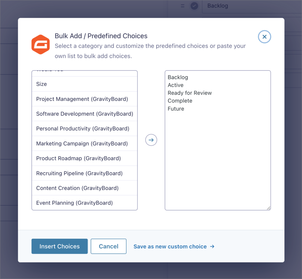 A modal in Gravity Forms titled 'Bulk Add / Predefined Choices'; here there lists of predefined field options  added by GravityBoard that you can use