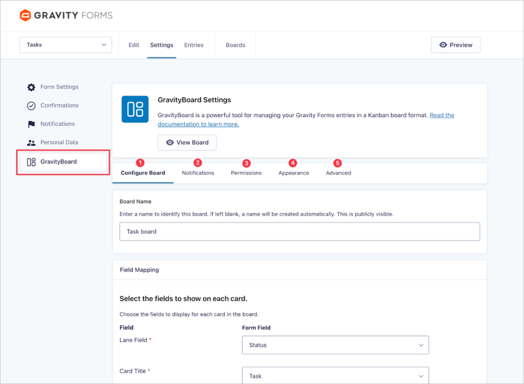 The GravityBoard feed settings page showing numbered tabs for groups of feed settings.