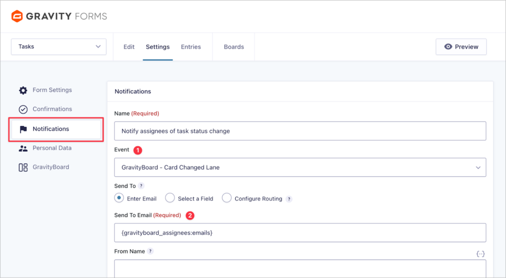 The 'Notifications' settings in Gravity Forms