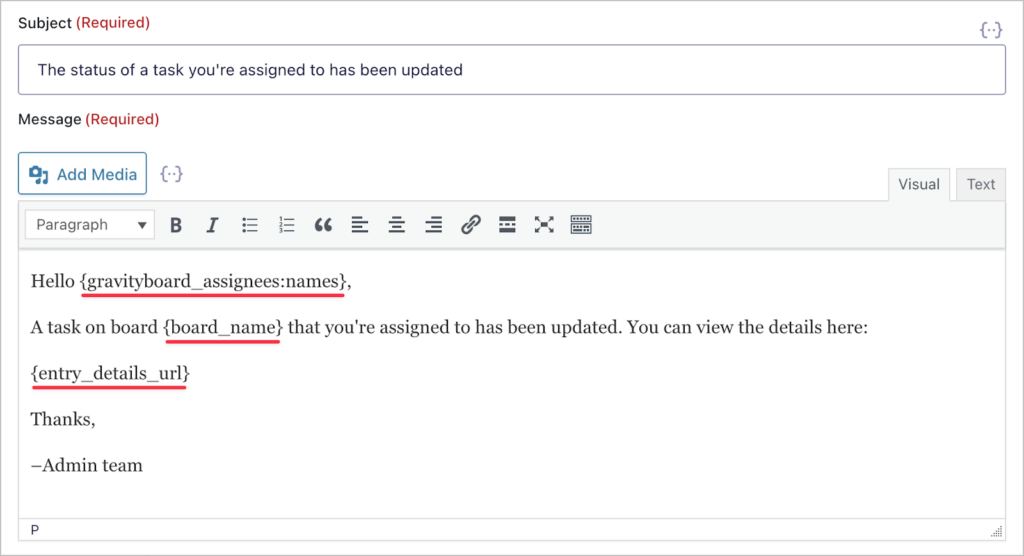 The email subject and body. In the body, 3 merge tags are being used to insert dynamic content into the email.