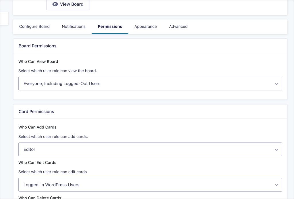 The 'Permissions' settings in GravityBoard