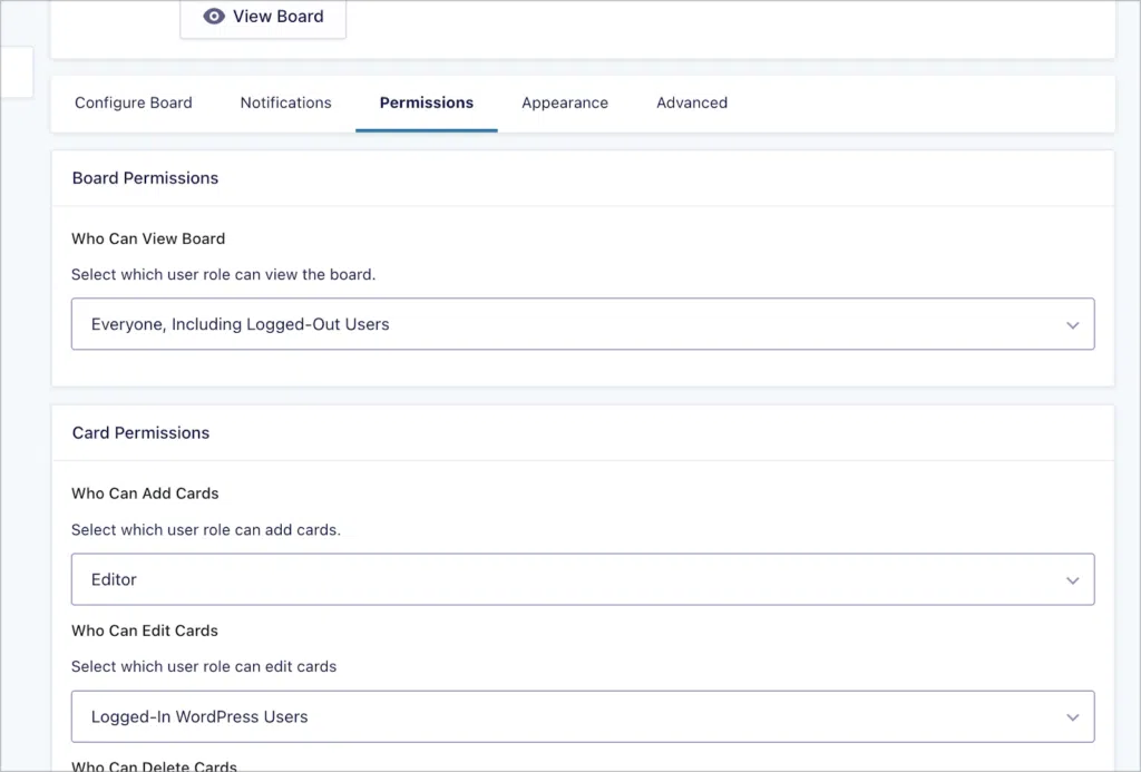 The 'Permissions' settings in GravityBoard