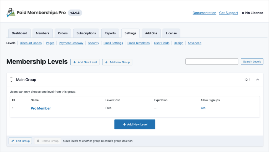 Paid Memberships Pro 'Levels' settings. Here there is a table of membership levels with an option to add a new level.