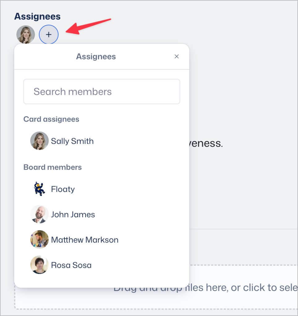 The plus icon under 'assignees'; clicking this opens a list of users (board collaborators)