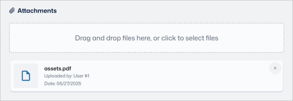 The attachments section of the card; there is an upload box that reads 'Drag and drop files here, or click to select files'.