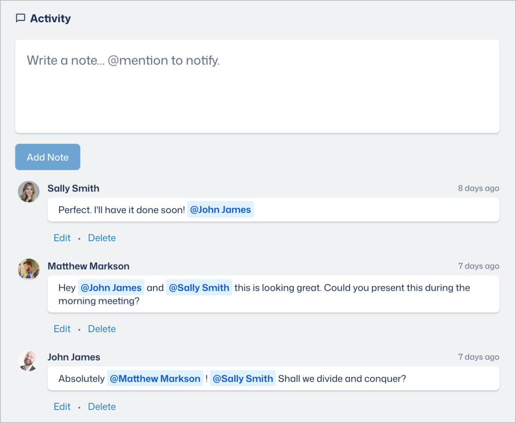 A text input box labeled 'Activity': underneath this, there are several comments by different users.