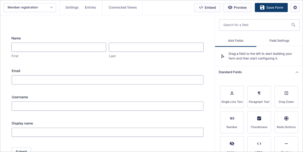 The Gravity Forms visual editor