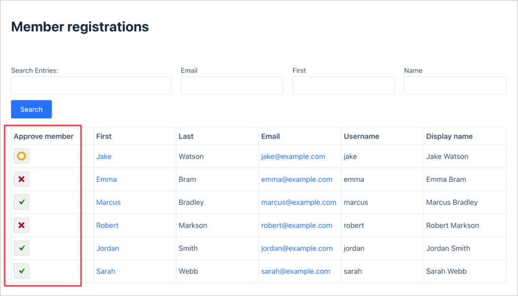 A table with a column titled 'Approve member'; here there is the ability to approve, o reject new members.