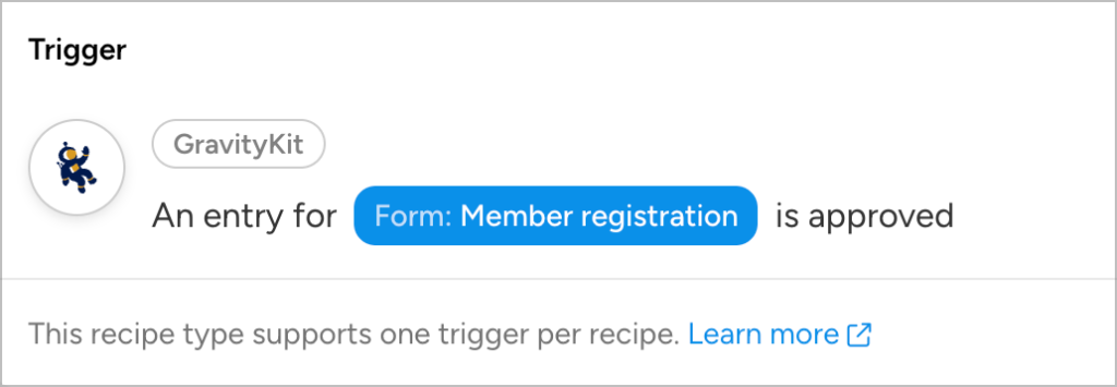 The trigger for an Uncanny Automator recipe: 'En entry for Form: Member registration is approved'.
