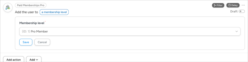 A dropdown field labeled 'Membership level' that has been set to 'Pro Member'