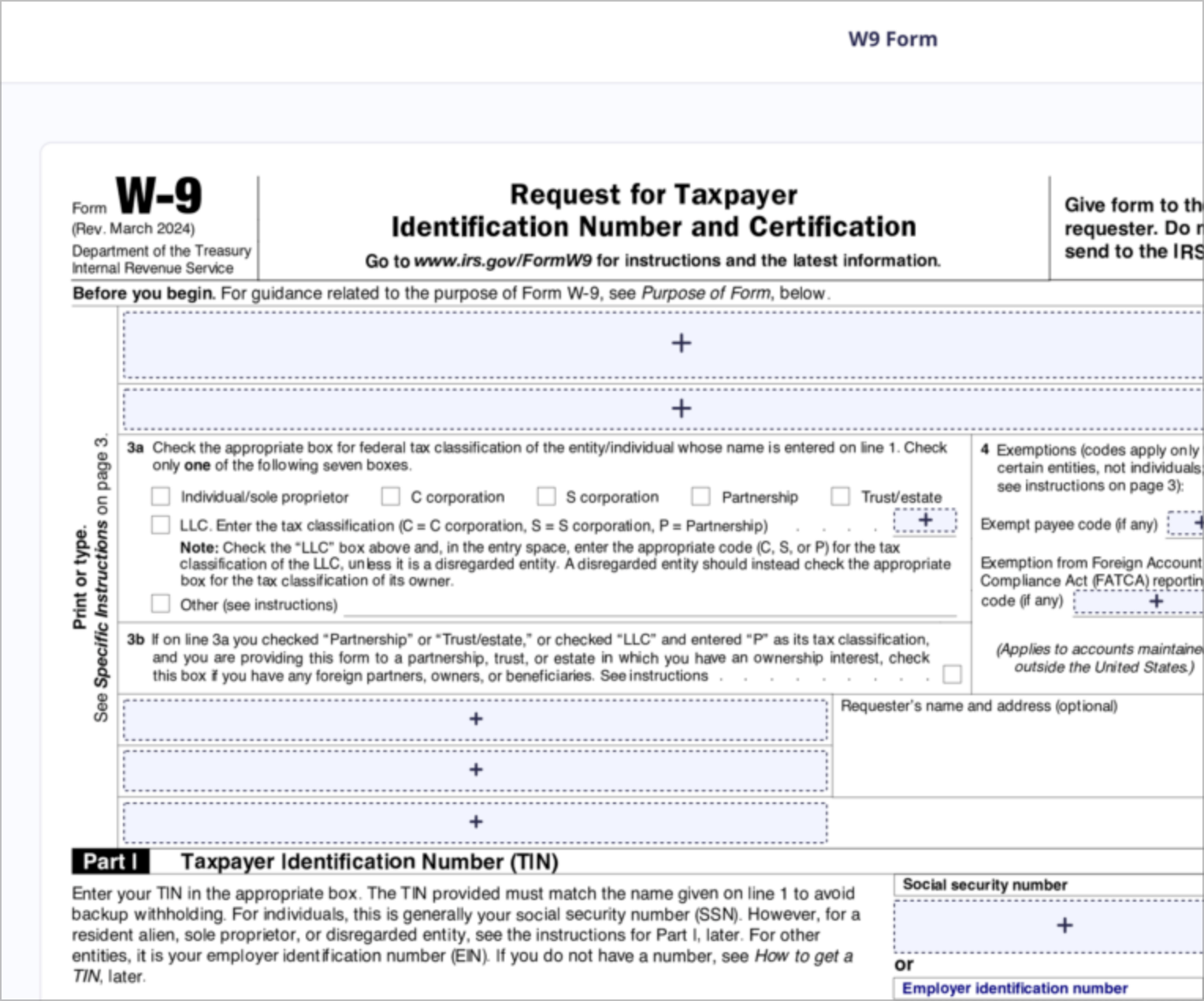 A W-9 Request for Taxpayer Identification Number and Certification form, showing an example of a fillable PDF that can be populated with Gravity Forms data using the Fillable PDFs plugin