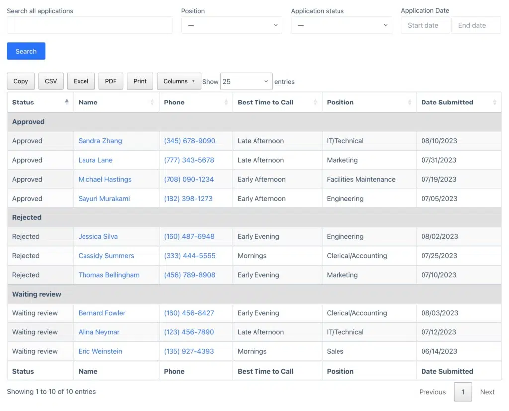 a table of applications with different statuses