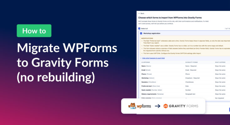 How to migrate WPForms to Gravity Forms without rebuilding your forms, with the GravityMigrate Choose Forms screen and the WPForms and Gravity Forms logos