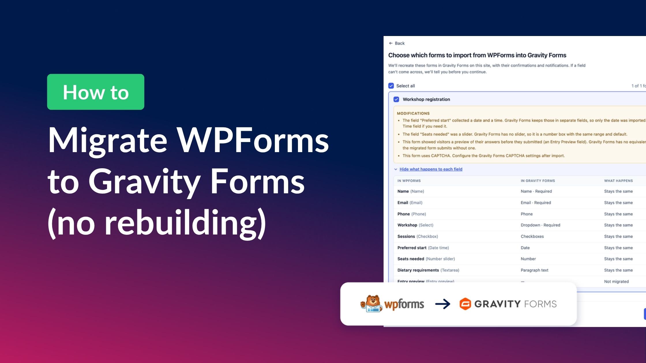 How to migrate WPForms to Gravity Forms without rebuilding your forms, with the GravityMigrate Choose Forms screen and the WPForms and Gravity Forms logos
