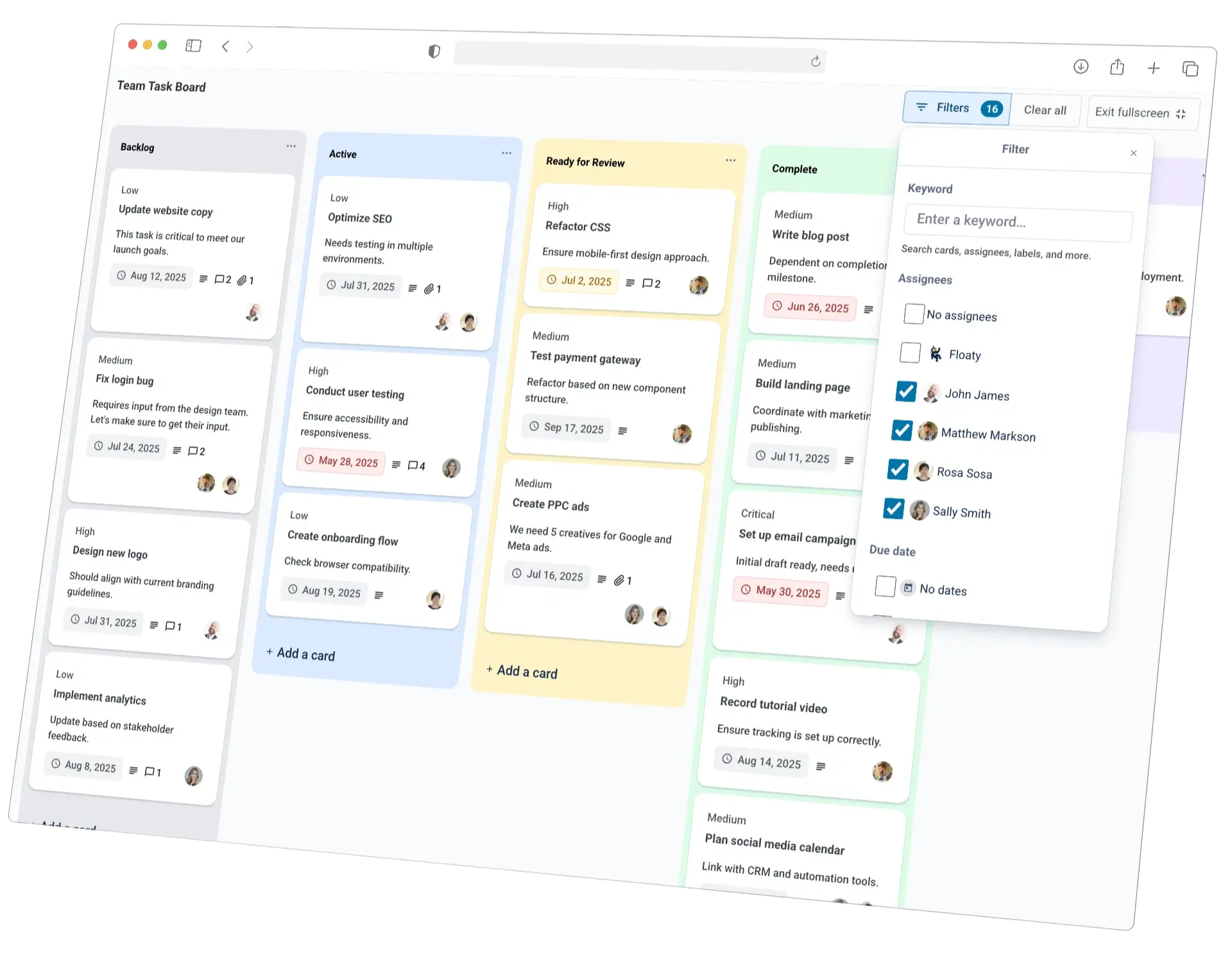 A Kanban board where cards are shown in different lanes