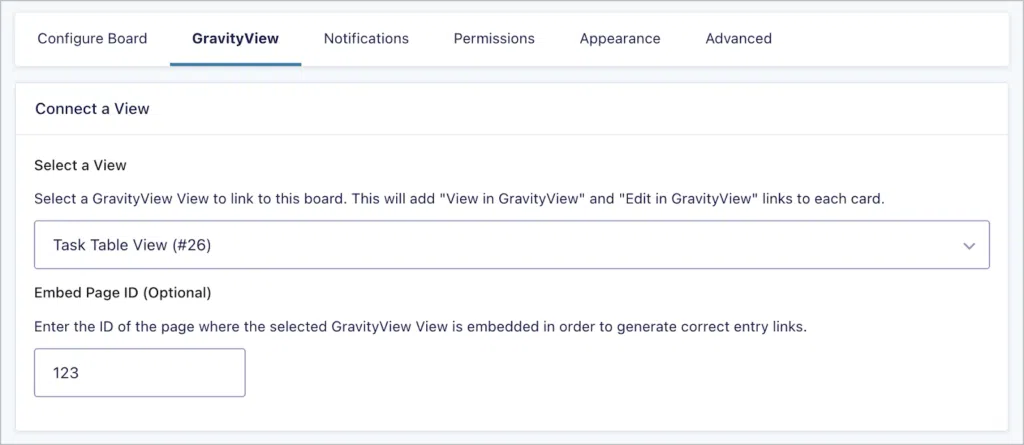 The GravityView settings tab in GravityBoard; there is a dropdown here titled 'Select a View' set to 'Task table View'