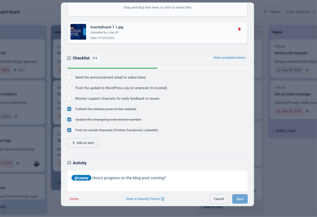 A card modal with a checklist; there are 6 checklist items, 3 of which are crossed off as completed. There is also a progress bar at the top.