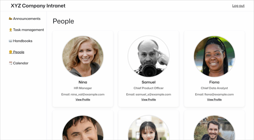 An employee directory showing employee cards in a grid. Each one has an image, name, job title, email, and link to view profile