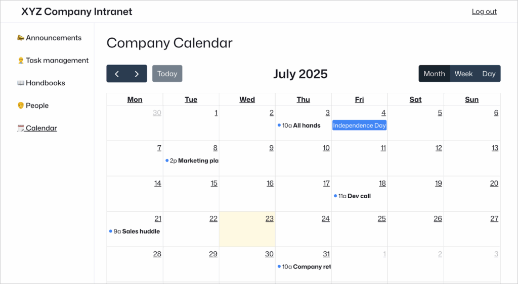 A Company calendar showing upcoming meetings and events