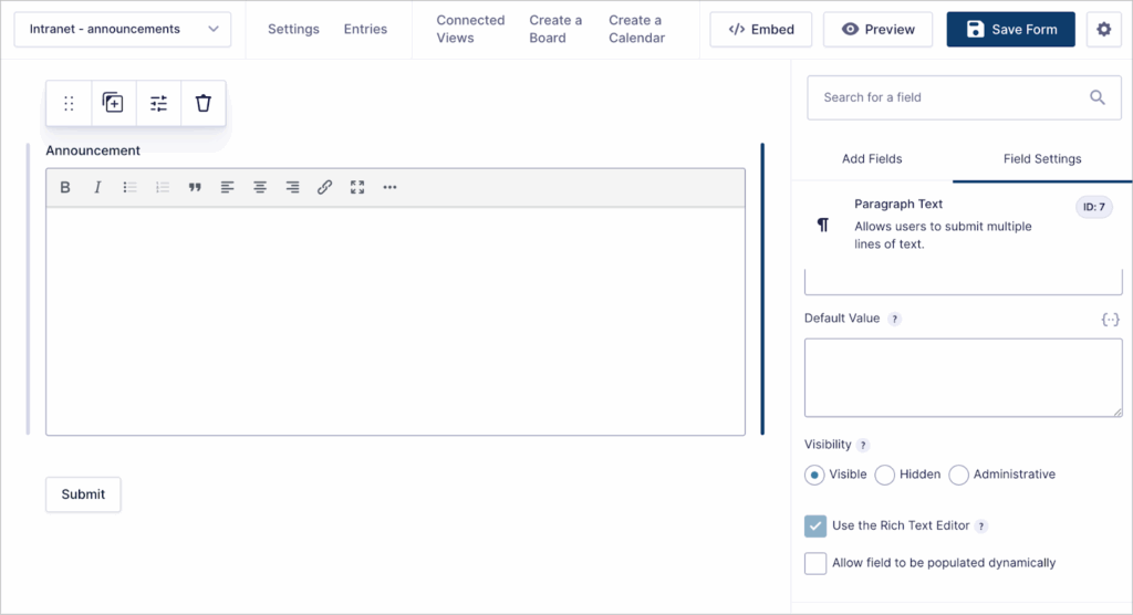 The Gravity Forms visual form editor