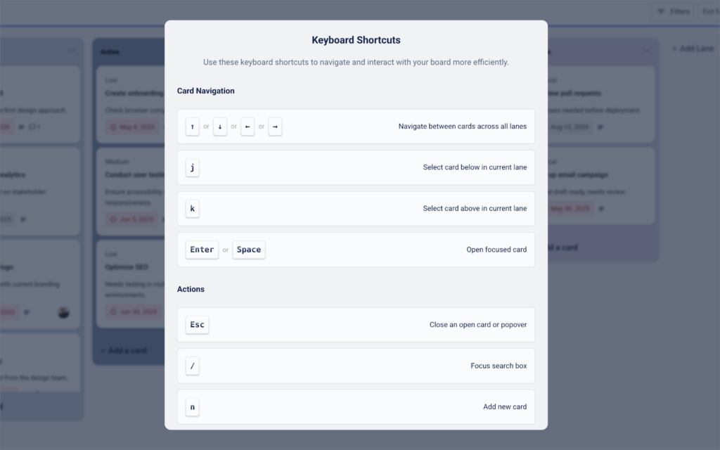 The GravityBoard keyboard shortcuts menu