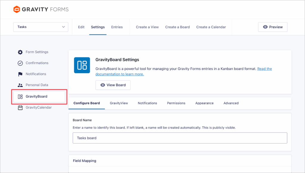 The GravityBoard feed settings page