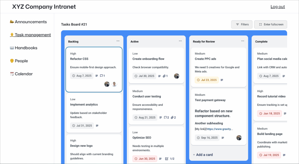 A kanban board with cards (representing tasks) in different lanes