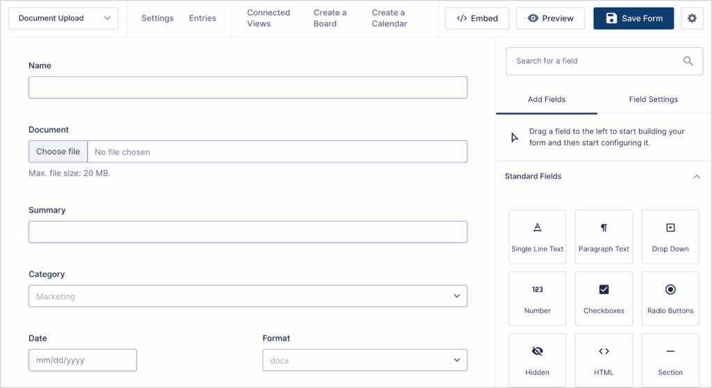 The Gravity Forms visual form editor; there are visible fields here such as Name, Document, Summary, Category and Date