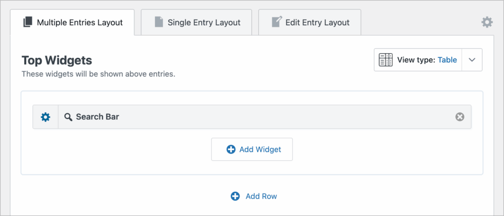 The 'Top Widgets' section of the Multiple Entries Layout showing a single Search Bar widget