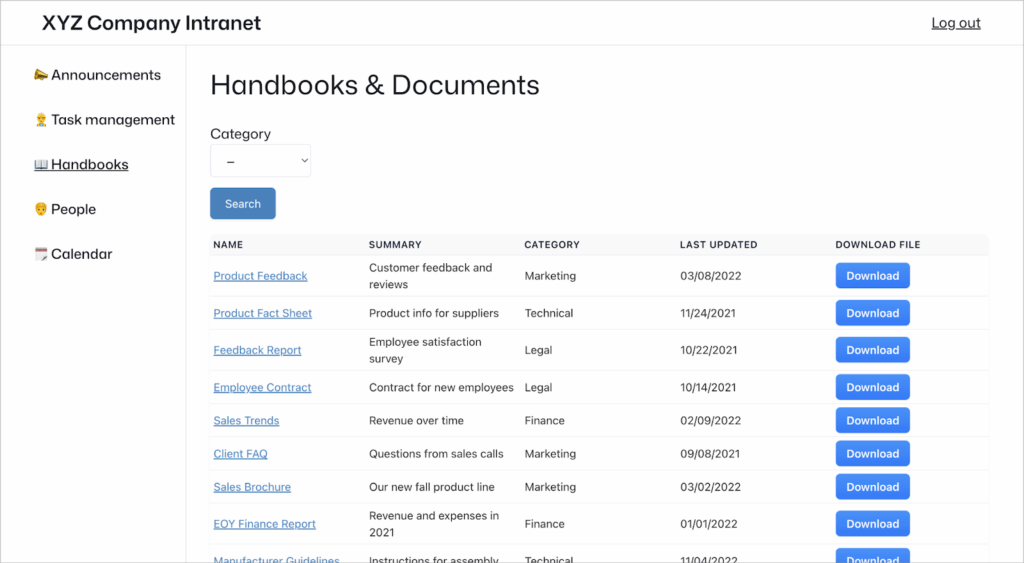 A searchable table of handbooks and documents showing the name, summary, category, date updates and a button to download.